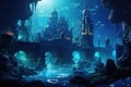 This image captures the dynamic and bustling scene of an underwater city, complete with its infrastructure and inhabitants, An