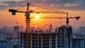 Golden Hour Crescendo: Tower Cranes Dancing Against the Sunset Skyline Royalty Free Stock Photo