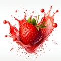 strawberry fall with red splash water in white background ai generated