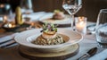 Gourmet Dining Experience Elegant Scallop Risotto Plated with Microgreens Royalty Free Stock Photo