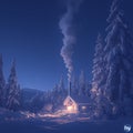 Cozy Cabin, Snowy Forest, Starry Night Royalty Free Stock Photo