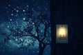 A light switch glows on a dark wall against a starry night sky with a silhouetted tree Royalty Free Stock Photo