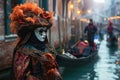 elegant venetian carnival scene with masks and gondola