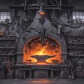 Industrial Forge with Glowing Metal, Blacksmith Workshop Illustration