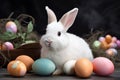 Lifelike easter seasonal rabbit for spring with white rabbit and colourful easter eggs photographic style. Generative AI