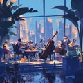 Jazz Club Ambiance with Musicians and Cityscape