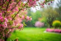 Pink Cherry Blossoms with Falling Raindrops in a Vibrant Green Garden Landscape spring pink flowers Royalty Free Stock Photo