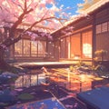 Peaceful Zen Garden, Pink Blossoms, Serene Setting Royalty Free Stock Photo