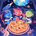 Cosmic Cuisine: Aliens Share a Delicious Pizza in Space Royalty Free Stock Photo