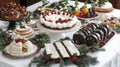 Festive Holiday Dessert Table Featuring Assortment of Cakes and Fruit Decorations Royalty Free Stock Photo