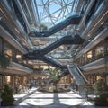 Modern Mall Atrium with Glass Staircases and Stores Royalty Free Stock Photo