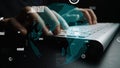 Hands Typing on Keyboard with Global Digital Interface and Data Visualization Concept on Black Background for Technology Royalty Free Stock Photo