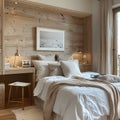 Cozy Minimalist Bedroom with Rustic Wooden Accents Royalty Free Stock Photo
