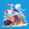 Vibrant Coastal Scene with Pelican and Camera Royalty Free Stock Photo