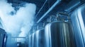 Liquid Oxygen Storage Tanks with Evaporating Mist in Industrial Setting Royalty Free Stock Photo