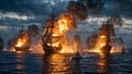 Burning Fleet: Epic Naval Battle Under Stormy Twilight Royalty Free Stock Photo
