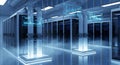 A modern data center with rows of servers and blue lighting, featuring a large screen displaying a graph in a futuristic Royalty Free Stock Photo