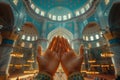 Muslim Womans Outstretched Hands Praying in a Majestic Blue Mosque Interior