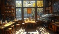 Warm cozy interior of a cafe with large windows and sunlight Royalty Free Stock Photo