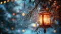 Glowing Christmas Lantern with Hanging Fir Branches and Bokeh Lights in the Snowy Night Royalty Free Stock Photo