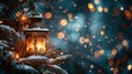 Glowing Christmas Lantern with Hanging Fir Branches and Bokeh Lights in the Snowy Night Royalty Free Stock Photo