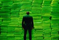 A man standing in front of a large stack of green files.