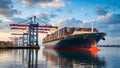 Global Trade Giant: Container Ship in Dynamic Port Operation Royalty Free Stock Photo