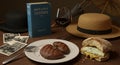 Bloomsday breakfast still life with Ulysses book and wine Royalty Free Stock Photo