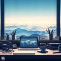 Efficient Remote Workstation with Mountain View Royalty Free Stock Photo