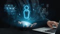 Advanced digital user interface concept with holographic representation in hand over laptop showcasing technology and Royalty Free Stock Photo