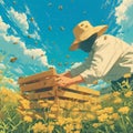 Beekeeper in Sunflower Field Royalty Free Stock Photo