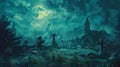 Mystical Full Moon Graveyard with Church, Generative AI Royalty Free Stock Photo
