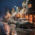 a frozen town, vintage 60\'s style cars covered in ice parked on a residential street during winter at night Royalty Free Stock Photo