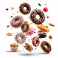 A Whimsical Assortment of Frosted Donuts Floating in Mid-Air, isolated on white background