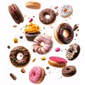 A Whimsical Assortment of Frosted Donuts Floating in Mid-Air, isolated on white background