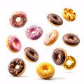 A Whimsical Assortment of Frosted Donuts Floating in Mid-Air, isolated on white background