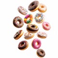 A Whimsical Assortment of Frosted Donuts Floating in Mid-Air, isolated on white background