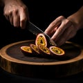Close up of passion fruit being cut on a wooden board creating a vibrant and juicy scene perfect Royalty Free Stock Photo