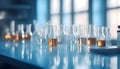 Scientific Composition: Test Tubes on a Table with a Subtle Blue Blur. Royalty Free Stock Photo