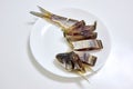 Slices of dried saira on a white plate, showcasing a traditional Far Eastern snack on a clean white background. Royalty Free Stock Photo