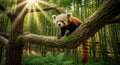Red Panda On Mossy Tree Branch With Bright Sunlight Streaming Through Bamboo Forest Royalty Free Stock Photo