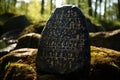 This image captures a rock with clear writing on its surface, providing a straightforward visual of a marked stone, A stone