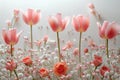 Serene Beauty of Blooming Pink Tulips and Roses Amidst White Flowers on white background. Royalty Free Stock Photo