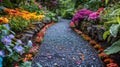 Serene Garden Pathway: A Peaceful Walk Through Lush Greenery Royalty Free Stock Photo
