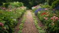 Serene Garden Pathway: A Peaceful Walk Through Lush Greenery Royalty Free Stock Photo