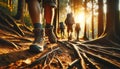 An Image of A Group of Hikers Walking on A Forest Trail During Golden Hour