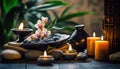 Serenity, Rest, and Aromatherapy: Basalt Stones Surrounded by Candles and Oriental Plants as a Spa Symbol - Generative AI