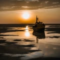 A fishing boat is grounded on the shore,