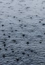Raindrops falling on a tranquil body of water creating ripples and splashes in a mesmerizing Royalty Free Stock Photo