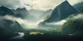 sunrise over the mountains. clouds covering a range of mountains. green forest mountainscape. Royalty Free Stock Photo